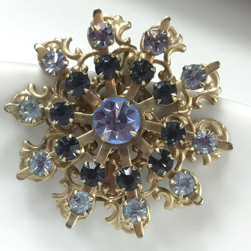 Gold-Tone Blue Crystal Floral Brooch - Women's Jewelry